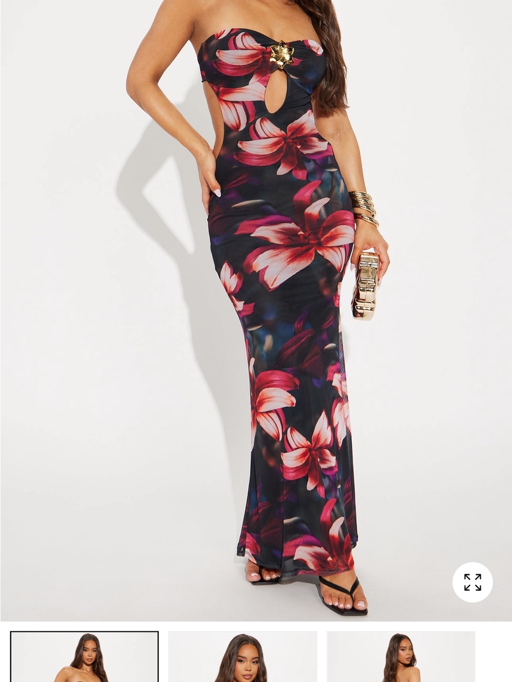 Fashion Nova Strapless Floral Cutout Maxi Dress - Black & Pink